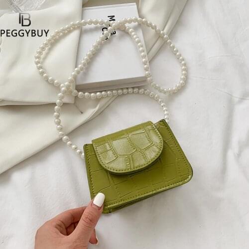 Vintage Women PU Leather Alligator Pattern Shoulder Crossbody Messenger Bag Casual Ladies Pearl Chain Solid Color Mini Handbags