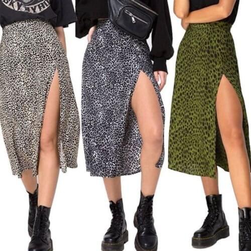 Women Summer High Waist Boho Floral Leopard Printed Side Split A-Line Midi Skirt Sexy Slim Fit Stretch Beach Party Cocktail Club