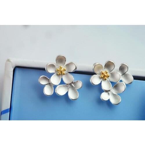 ANENJERY 925 Sterling Silver Sun Flower Stud Earrings For Women Cherry Blossoms Earring S-E125