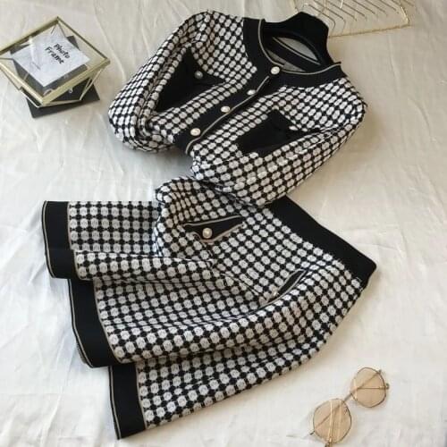 Autumn New Plaid Knitted 2 Piece Set Korean Fashion Pearls Single-Breasted Cardigan Women Sweater+High Waist A Line Skirt Suits