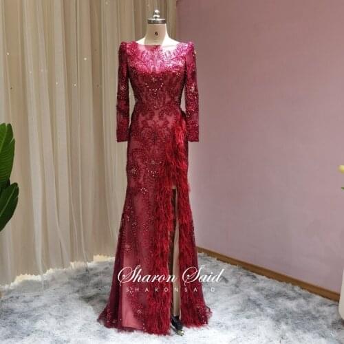 Burgundy Lace Mermaid Feathers Evening Dress Arabic Grey Long Sleeve Muslim Formal Prom Dresses for Women Wedding Party Gowns