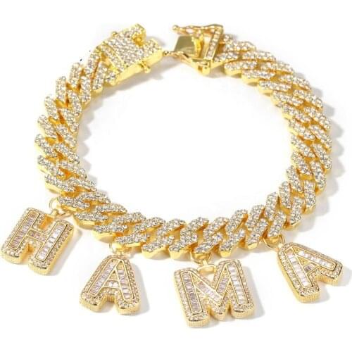 1 Hip Hop Jewelry Custom S-Link Miami Cuban Link with Baguette Letters Rhinestone 12mm Bracelet Punk for Men and Women Gift