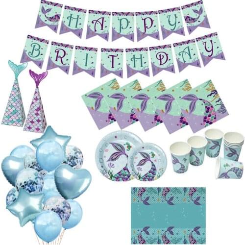 1set Marine World Birthday Party Decor Tablecloth Napkin Plates Candy Box Cups Ocean Banner Cartoon Sea Fish Tail Shell Balloon