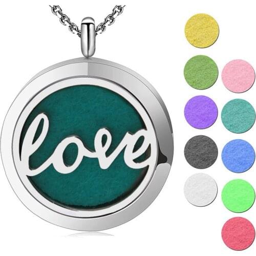 10pcs 30mm Love Aromatherapy Essential Oil 316 Stainless Steel Perfume Diffuser Locket Necklace with Chain and Pads