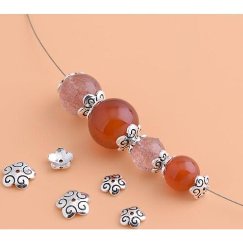 10pcsS925 Sterling Silver Retro Flower Receptacle, semi-finished handmade DIY string spacer beads accessories