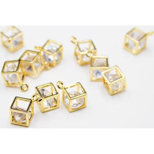 5pcs,8*9mm 24K Champagne Gold Color Plated Brass,Cube Zircon Small Bead Charms High Quality Jewelry Accessories Necklace Pendant