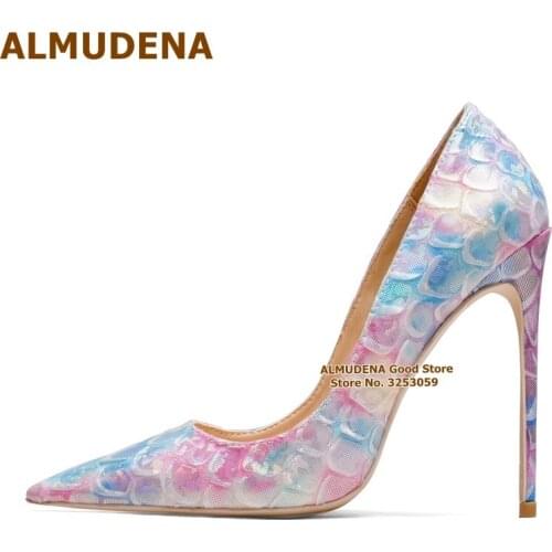 ALMUDENA Multi-Color Snakekskin High Heel Shoes 12 10 8cm Stiletto Heel Pointed Toe Wedding Pumps Fish Skin Pattern Shoes Size45