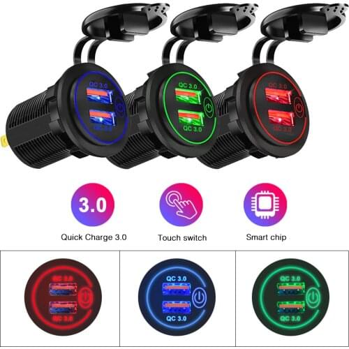 Car 12V socket USB 24V 36W QC 3.0 2 USB Charger Socket Touch Switch Waterproof Socker Power Universal Car Truck Charging Adapter