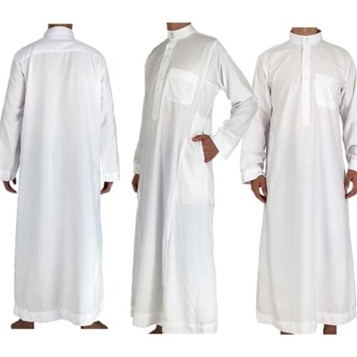 White Long Sleeve Islamic Men Clothing Jubba Thobe Abaya Dubai Saudi Arabia Traditional Ramadan Kurta Eid Arab Robes