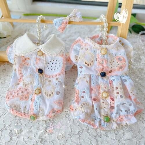 Free Shipping Handmade Adorable Dog Clothes Hollow Out Lace Cotton Doll Collar Pet Shirt Cute Outfit Poodle Maltese Yorkie