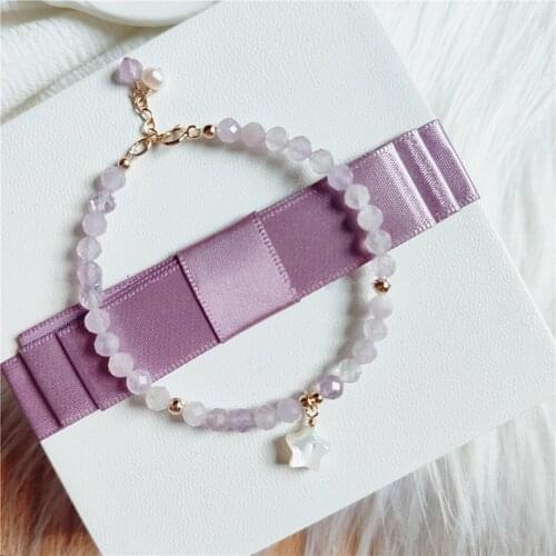 Natural Round Faceted Amethyst Beads Bracelet For Women 14K Gold Filled Chain Shell Star Pendant Bracelet Vintage Yoga Jewelry