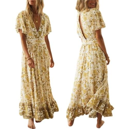 Floral Print Long Dress Boho Beach Dresses Women Summer Vestidos Sexy V Neck Vintage Casual Elegant Party Holiday Dress