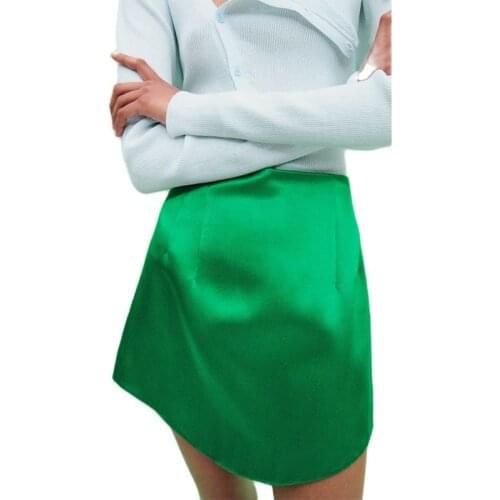 Women 2021 Summer Green Silk-Like Texture Skirt Vintage Side Zipper Skirt Chic