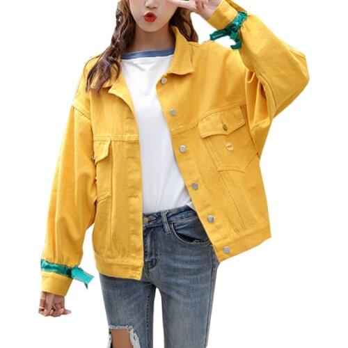 Spring Embroidered Denim Jacket Woman Full Sleeve Korean Oversized Loose Casual Yellow Pink Jean Jackets Women Short Basic Coat