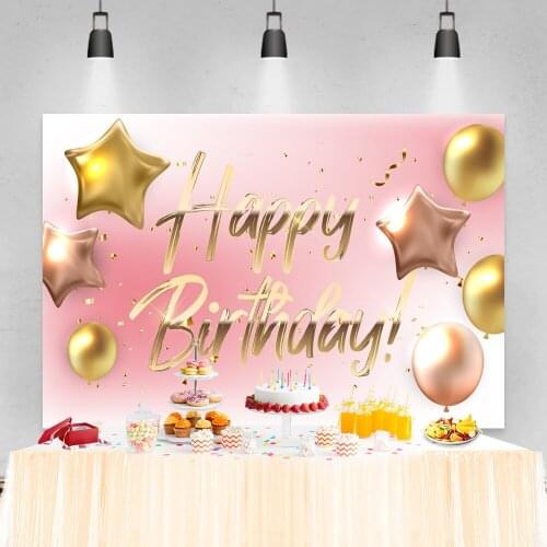 Laeacco Happy Birthday Pink Photography Backdrop Gold Star Balloons Ribbon Baby Portrait Customized Poster Photocall Background