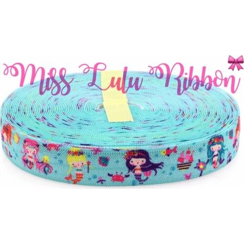 5/8" 16mm Cartoon Mermaid Printed Elastic Ribbon Christmas Tree Decoration Webbing DIY Hair Band/bow for Girls 10Yards/roll