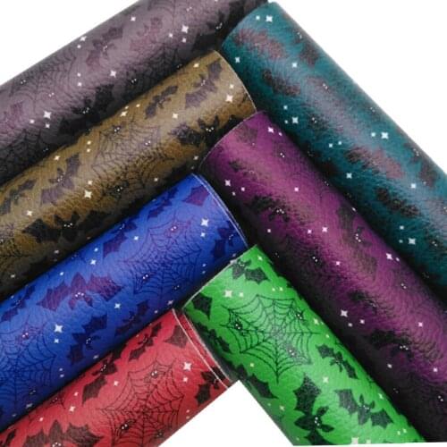Bats Spider Webs Printed Synthetic Leather Faux Fabric Sheets Felt Backing Vinyl For Earrings bag Bows DIY GM2315A