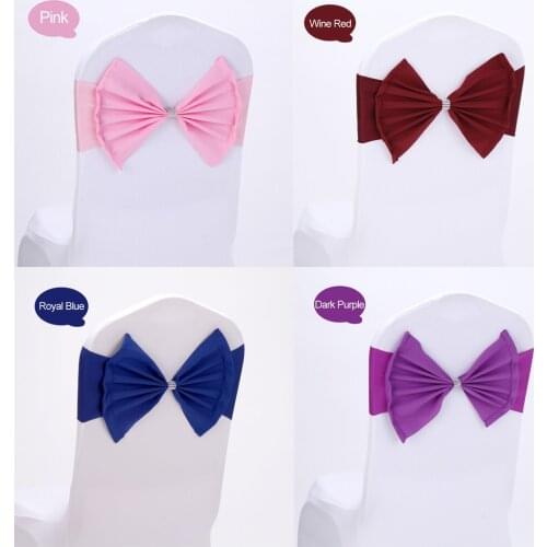 Hot 100pcs/lot Ceremony Party Decor Pink/Blue/Purple Stretch Spandex Bow Tie Chair Sash Band With Diamond Buckle For Wedding