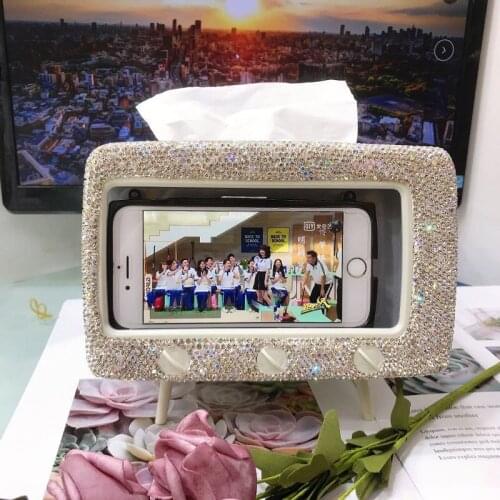 Cute Creative Small TV Model Mobile Phone Stand Paper Towel Box Crystal Diamond Stylish Shiny Multipurpose Home Storage Shelf