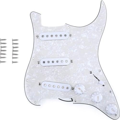 Musiclily 11-Hole SSS Prewired Loaded Pickguard with Single Coil Pickups Set for Fender Squier Strat, 4Ply Aged White Pearl