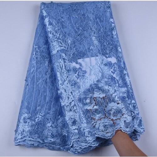 New Design Sky Blue African Tulle Lace Fabric 2019 High Quality Nigerian French Net Lace With Stones And Beads For Dresses S1373