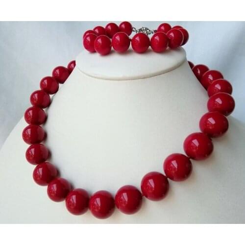 Charming 14 mm round red mother shell pearl necklace bracelet set