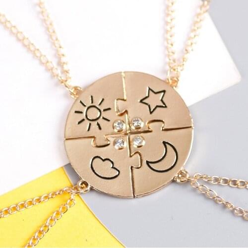4 Pcs/Set Jigsaw Puzzle Necklace Cute Sun Cloud Star Moon Rhinestone Pendant BFF Necklaces Gifts For Best Friends Sisters