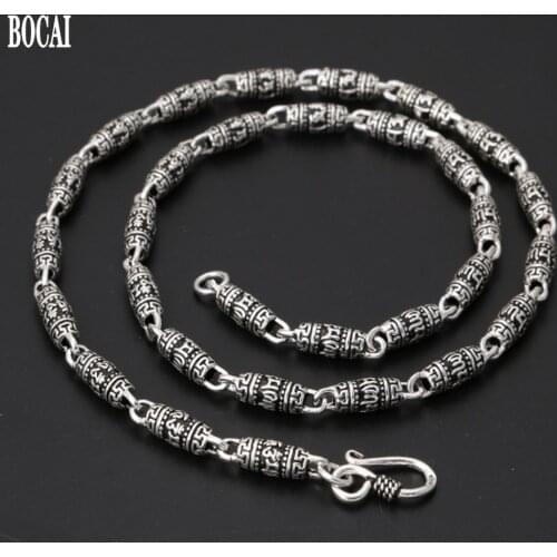 BOCAI real S925 pure silver jewelry classic six-character mantra men and women necklace thick vintage Thai silver chain