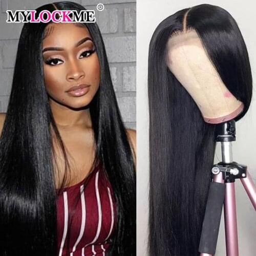 MYLOCKME 4x1 T Part Lace Wig Straight Human Hair Wig Brazilian Remy Hair Suitable for Women Natural Color Pre-Plucked Wig