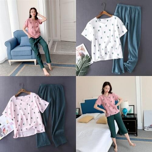 Japanese Style Spring and Summer Ladies Cotton Crepe Short-sleeved Trousers Pajamas Suit Comfortable Home Service Suit Sleepwear