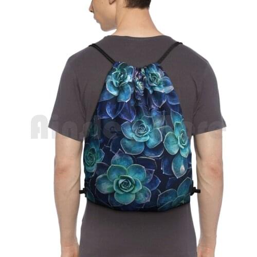 Succulents Backpack Drawstring Bag Riding Climbing Gym Bag Succulents Succulent Plant Nature Cactus Blue Green Pink Hipster