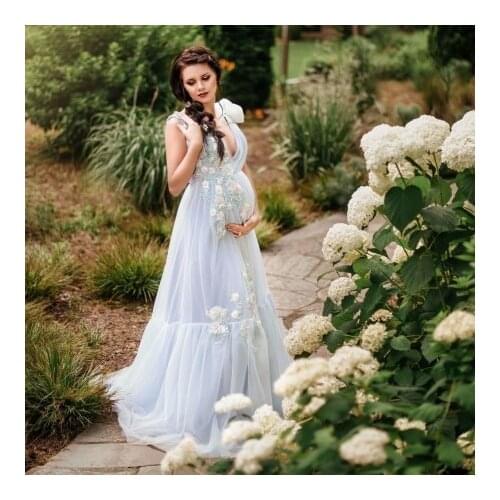 Sexy Flower Pregnancy Gowns V Neck Sleeveless Bow Shoulder Soft Tulle Plus Size Bridal Maternity Dresses For Photo Shoot