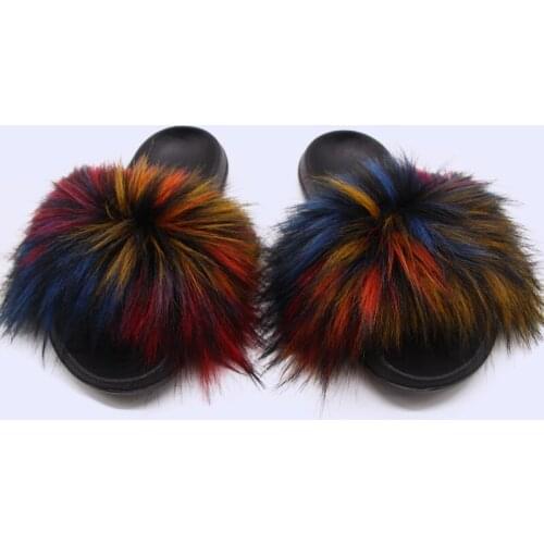 Summer womens slippers luxury imitation fur raccoon fur slippers fashion simple indoor non-slip fluffy fur slippers