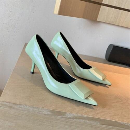 PXELENA Sexy Natural Genuine Leather Women Pumps Green Square Buckle Pointed Toe Stiletto High Heels Shoes 2021 Spring Autumn 40