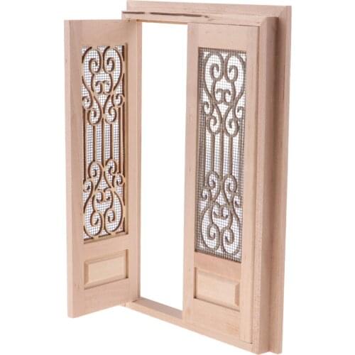Vintage Wood External Hollow Screen Double Door For 1/12 Dolls House Rooms DIY Accessories