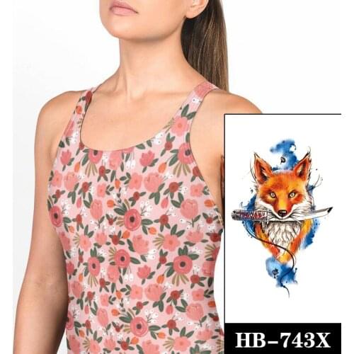 Watercolor Fox Totem Knife Waterproof Temporary Tattoo Sticker Line Blue Ink Deign Flash Tattoos Body Art Fake Tatoo Women Men