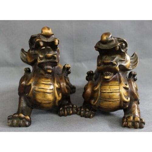 Xd 002721 10" Chinese Bronze FengShui Wealth Foo Fu Dog Lion Unicorn PiXiu Statue Pair