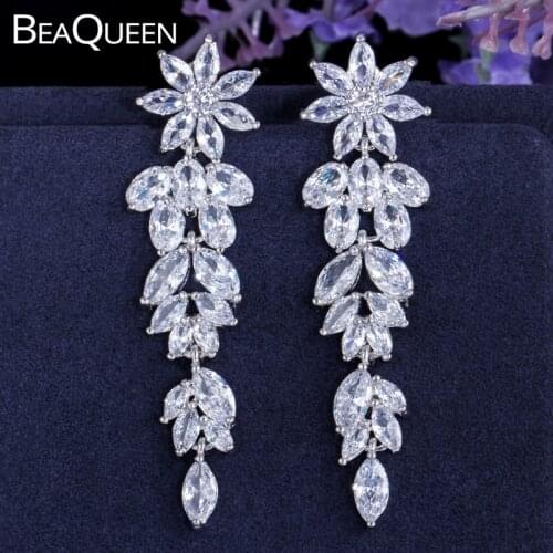BeaQueen Gorgeous Flower Leaf Cluster Cubic Zirconia Long Dangle Drop Earrings for Women Bridal Wedding Jewelry Gift E249