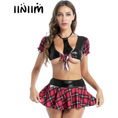 Womens Plaid Lingerie Suit Patchwork Cosplay Costume Puff Sleeve Lace-up Front Patent Leather Crop Top with Miniskirt Necktie