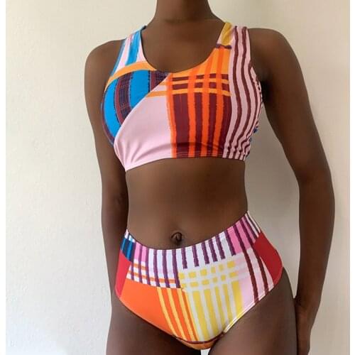 Sexy Print High Waist Push Up Women Swimwear Two Piece Stripe Bandage Backless Bikini Set 2021 Fashion Summer New Beach Wear Set