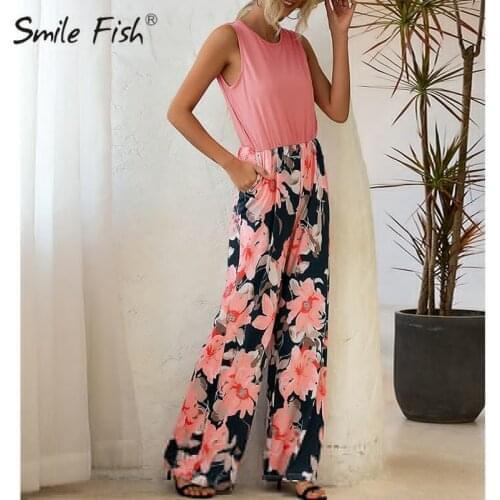 Holiday Sleeveless Casual Beach Jumpsuits Summer Striped Rompers Pocket Loose Tank Floral Wide Leg Pants Women Outwear G1661