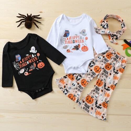 2021 Baby Girls Halloween Clothes Set, Pumpkin Print Long Sleeve O-neck Romper+Flared Trousers+Headband 3pcs