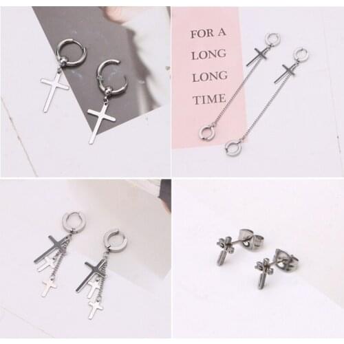 4 Pairs Cross Earrings Dangle Hinged Stainless Steel Jesus Stud Earrings Cross Hoop Earrings for Men and Women Jewelry