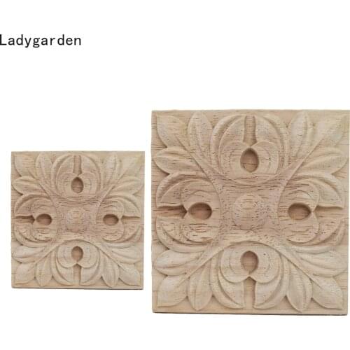 4PCS Flower Carving Sculptures Natural Wood Appliques for Furniture Cabinet Unpainted Wooden Mouldings Decal Decorative Statues