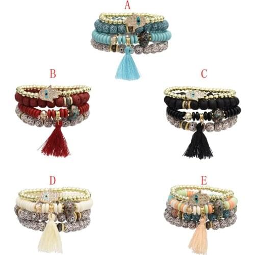 4pcs/set Fashion Multilayer Crystal Lava Stone Beads hand eyes shape Tassel Bracelets & Bangles Pulseras Mujer Jewelry for Women