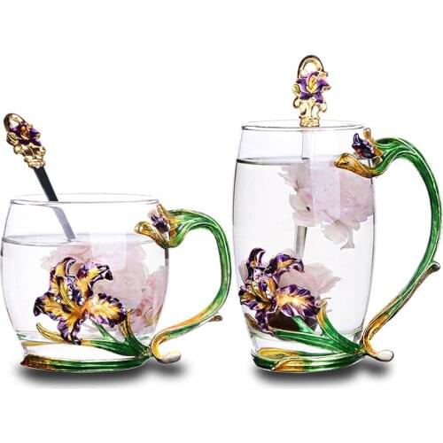 Iris flower enamel glass cup applique Heat-resistant glass tea Cup coffee glass Wedding gift Family office drinkware gift box