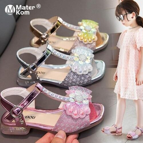 Size 26-36 Children Bowknot Crystal Princess Sandals For Girls Soft Sole Beach Shoes For Kids Girls Open-toe Non-slip Sandals
