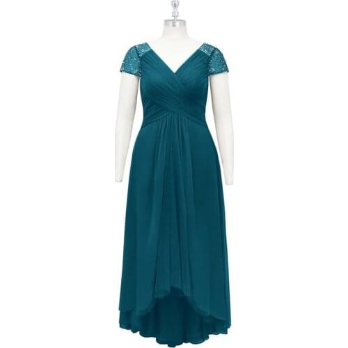Delicate Midnight Blue Chiffon High Low Mother of the Bride Dresses Cap Sleeves Beading V Neckline Wedding Party Gowns Back Out