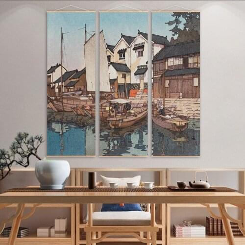 Aesthetic Living Room Decor Scroll Painting Japanese Style Building Canvas Art Vintage Poster And Print Home