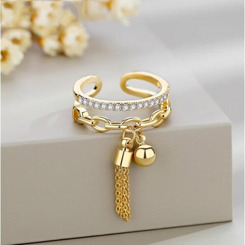 Retro Ethnic Crystal Rings Link Chain Zirconia With Spike Pendant Tassel Bohemia Finger Ring For Women Opening Ring Band Jewelry